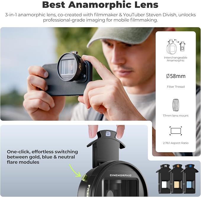 Freewell 1.55x Anamorphic Lens for iPhone & Samsung | 3-in-1 Streak (Neutral, Gold, Blue) - Cinematic Smartphone Lens with Oval Bokeh - Compatible with 17mm Mount Case & Cage - Image 3