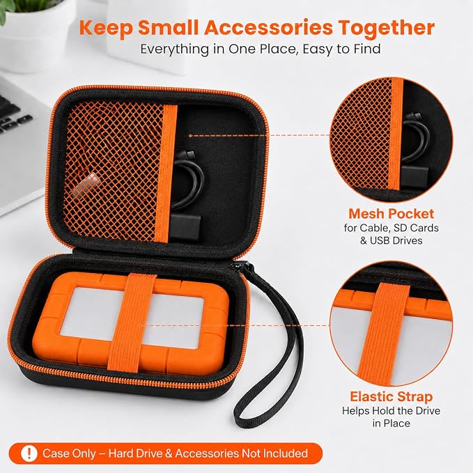 ALKOO Case for LaCie Rugged Mini 1TB/2TB/4TB/5TB External Hard Drive | Portable HDD Holder, Cable Pocket, SD Card Storage, for Photographers, Creators, Students, Office, Travel, Case Only, Sun - Image 3