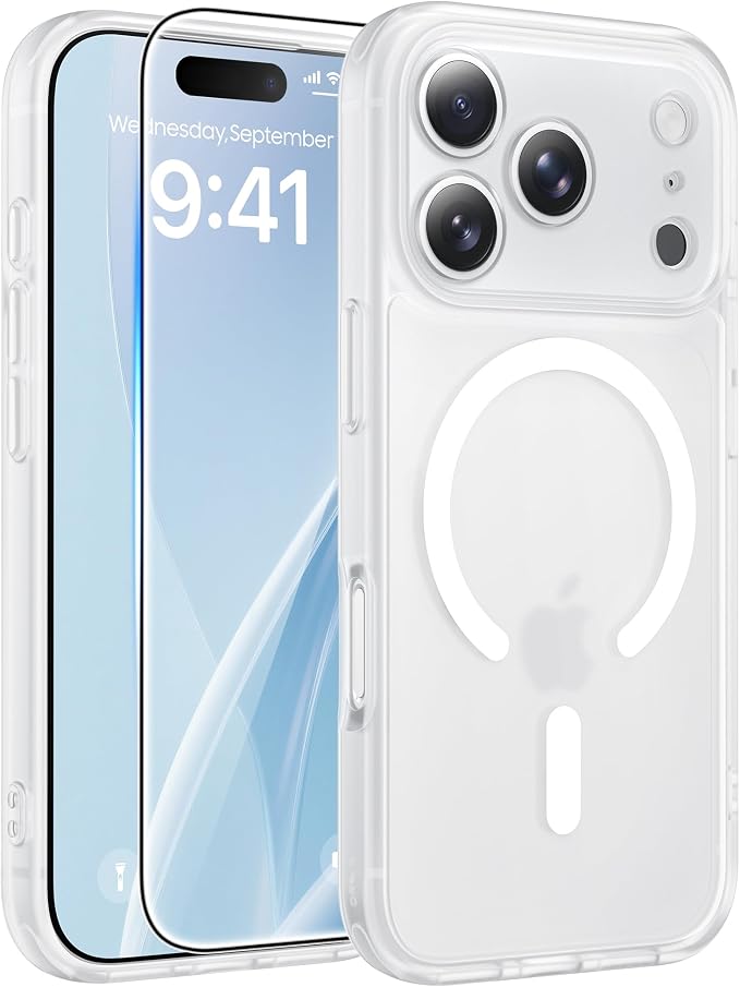 FNTCASE for iPhone 17 Pro Max Case, Fit for Magsafe, Screen Protector White | Full Camera Protection, Translucent Matte, 14FT Military Grade Drop Proof, Shockproof Protective Phone Cover, White by FNTCASE