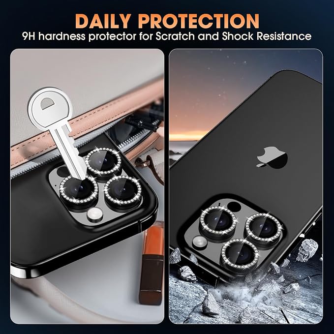 iPhone 16 Pro/16 Pro Max Camera Lens Protector Bling Diamond, Black | Individual Metal, 9H Hardness, Scratch Resistant, Shockproof, Drop Protection, Case Friendly, Stylish Accessories - Image 2