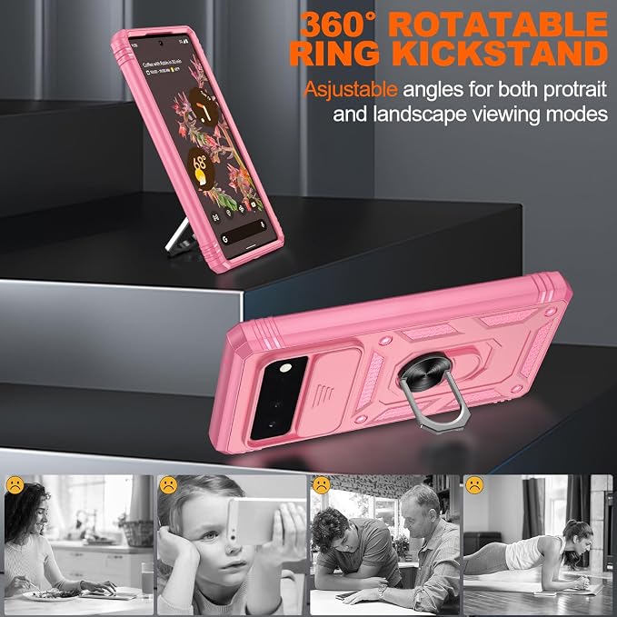Gritup for Phone Case Pixel 6: Google Pixel 6 Case with 2*Screen Protector | Magnetic Stand & Slide Camera Cover | Shock Proof Military-Grade Funda para Pixel-6 Cover, Pink - Image 8
