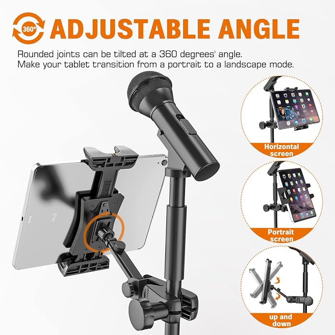 Tablet Holder for Microphone Stand, iPad Mount for Sheet Music Stand | 360° Swivel Tablet Phone Stand for Mic Stand/ Mic Tripod, for Musicians, Stage Use, Clip-on Mount Fits 4.7-12.9" Devices - Image 3