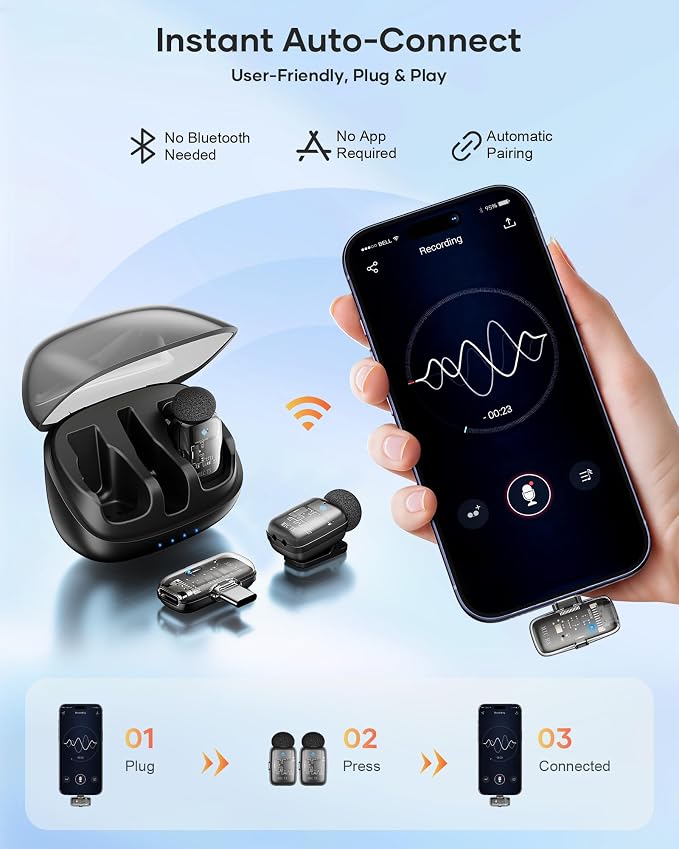 Mini 2 Wireless Lavalier Microphones for iPhone 15/16/17 & Android, 3-Level Noise Reduction, Plug & Play, 36H Battery with Charging Case, Wireless Lapel Mic for Video Recording, Vlogging - Image 2