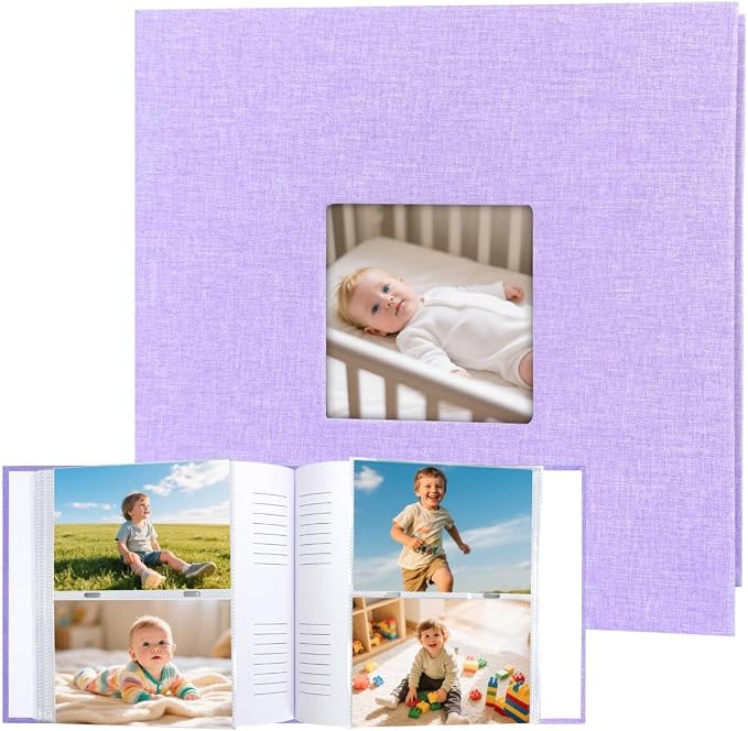 4x6 Photo Album Holds 240 Photos Writing Space Linen Cover, Purple | Clear Acid-Free Sleeves, Memo Writing Areas, Front Display Window, Baby, Wedding, Travel & Family Picture Keepsakes by Xfveiwoo