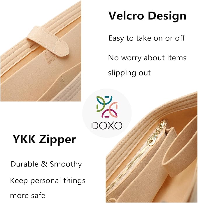 Doxo Purse Organizer Insert for Handbags, Felt Neverfull MM Organizer Insert with Laptop Compartment, Tote Bag Organizer with Zipper Pocket and Bottle Holder, Fit Neverfull MM and More, Beige-L - Image 4