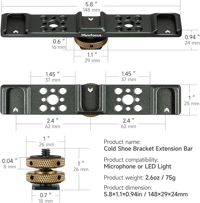 MINIFOCUS Triple Cold Shoe Extension Bar Mount, Aluminum Alloy Hot Shoe Mount Bracket with 1/4" Thread Holes for DSLR Camera Microphone Tripod LED Video Light Flashlight - Image 2