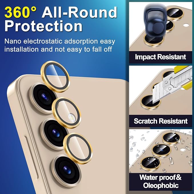 for Samsung Galaxy S24 Camera Lens Protector, Individual Metal Ring Tempered Glass Lens Cover, [Strong Adsorption] Scratch Resistant Ultra-Thin HD Clear Lens Cover, 2 Sets-Gold - Image 3