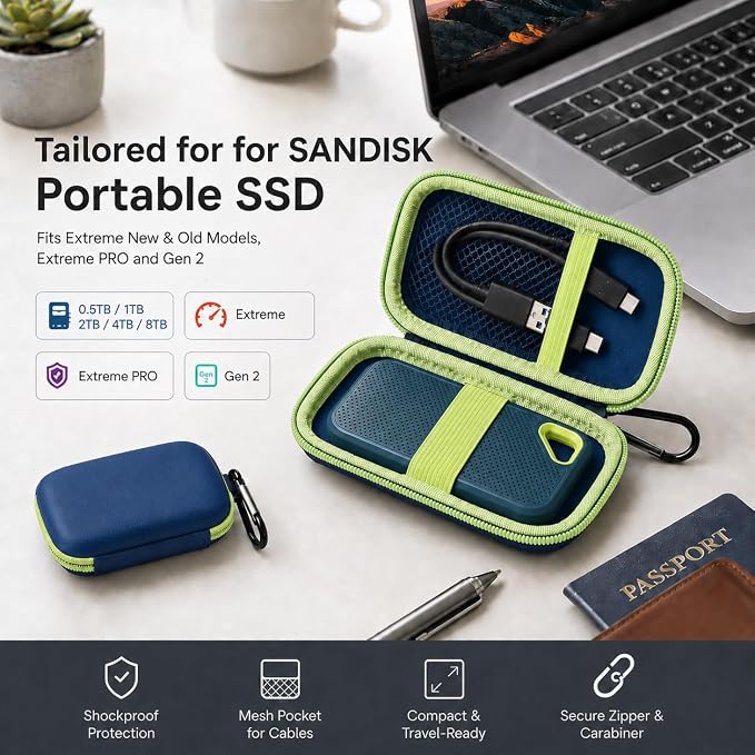 SSD Case for SanDisk Extreme Portable SSD & Extreme PRO, Hard Shell Protective Storage Bag with Carabiner, Fits 1TB 2TB 4TB 8TB External Solid State Drive for Business Travel (Green) | Elastic Strap Secures the SSD, Mesh Pocket Organizes Cables, Carabi... - Image 3