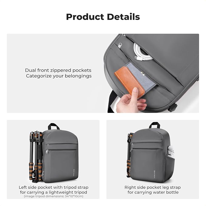 K&F CONCEPT Camera Backpack, DSLR/SLR/Mirrorless Photography Camera Bag | 14in Laptop Compartment & Rain Cover, 600D Fabric for Travel & Daily, Men & Women, Dual-Mode Detachable Dividers, Gray, B19 - Image 2
