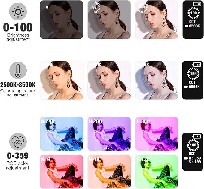 Pixel G1s RGB Video Light with APP Control, 12W 210 Minutes Rechargeable Battery LED Camera Light, 10 Common Lighting Effects, CRI≥97 2500-8500K LED Video Light with Aluminum Alloy Body - Image 5