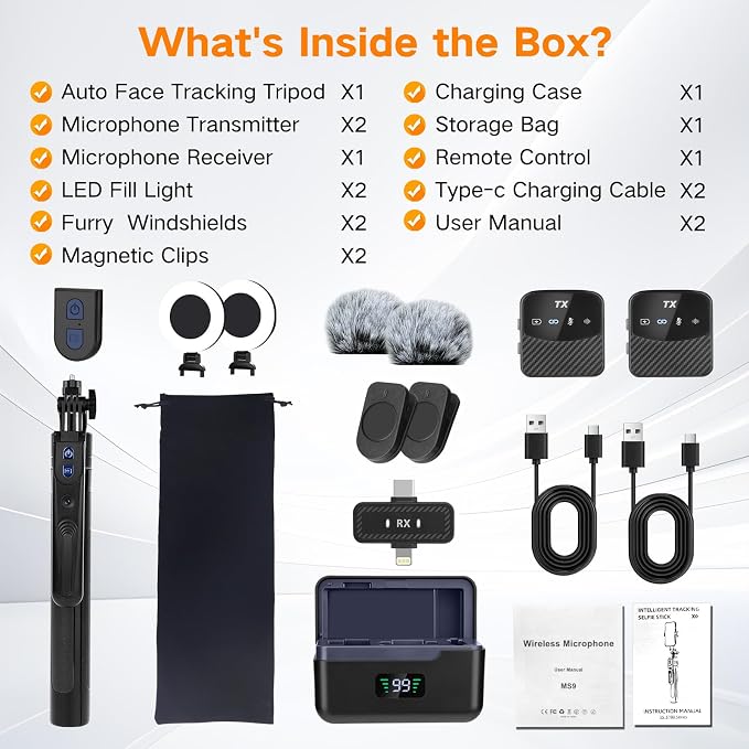 Professional Vlogging Kit for iPhone/Android, 70”Auto Face Tracking Tripod for iPhone with Light, 25H Battery Life Wireless Microphones,Content Creator Kit for TikTok/YouTube Starter - Image 7