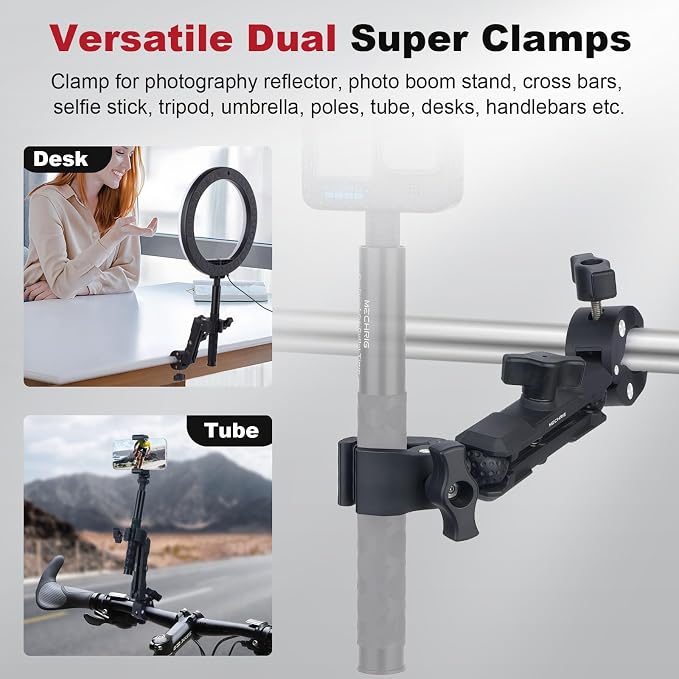 Double Clamp Mount,Double Super Clamp Camera Mount with 360° Ballhead Magic Arm for Desk, Cross Bars,Tripod, Handlebar Studio Light Stand Holder Photography Reflector, Flag, Umbrella,JC025 - Image 4