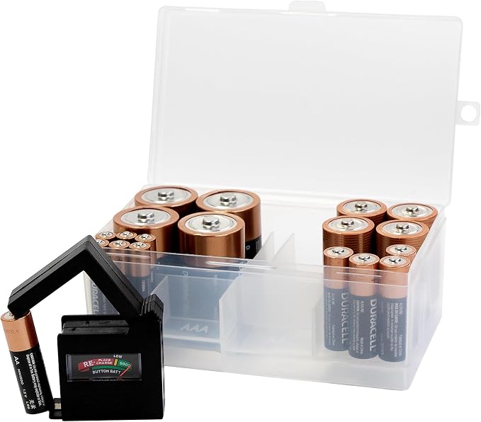 Dial Industries Battery Organizer Case with Tester for 12 AAA 12 AA 6C 4D | Built in gauge checks charge before use, Keeps loose batteries sorted by size, Great for drawers, closets or garages by DialIndustries
