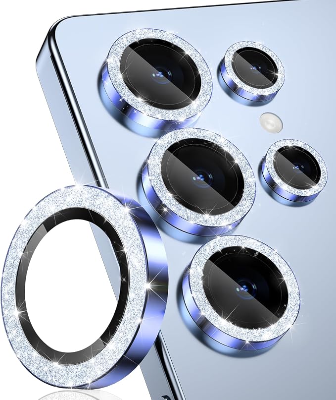 CloudValley for Samsung Galaxy S25 Ultra Camera Lens Protector Bling | 9H Tempered Glass + Aluminum Alloy Lens Protective Ring [Glitter Decoration] Ultra-HD Tempered,Glitter Titanium Silverblue by CloudValley