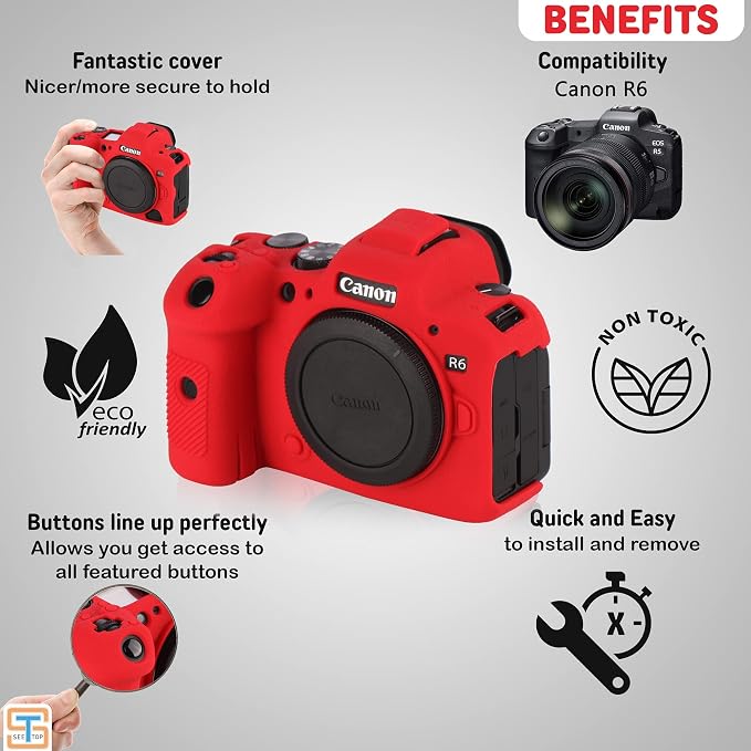 Camera Case for Canon R6 R6II - Silicone Protective DSLR Skin Cover, Detachable Cage, Shockproof, Dustproof (Red) - Image 3