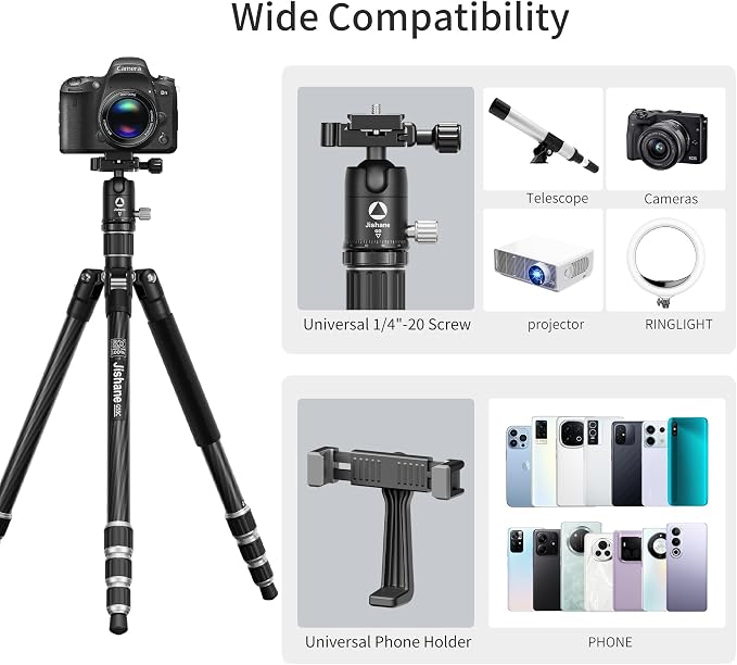 Carbon Fiber Camera Tripod, 62" Professional Video Tripod for Camera with 360° Ball Head, 1/4" Arca QR Plate, Compact Lightweight Travel Monopod for DSLR/Smartphone, Max Load 17.6 lbs/8kg - Image 5
