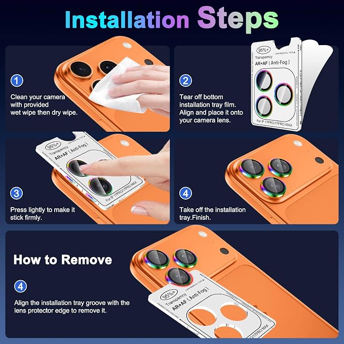 Meshine for iPhone 17 Pro/17 Pro Max Camera Lens Protector,Scratch Proof,Strong Adsorption,9H Hardness with Metal Ring Camera Cover,Ultra Thin Case Friendly, Accessories Lens Protector,Colorful - Image 7