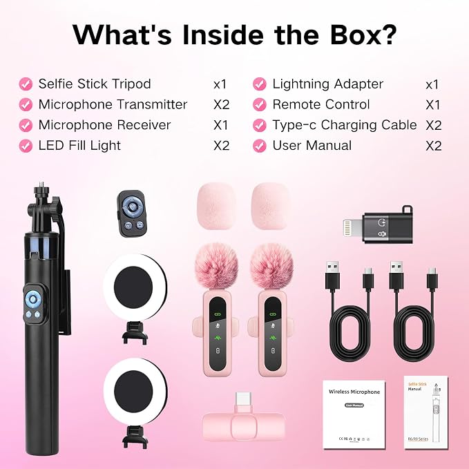 Content Creator Vlogging Kit,70inch Selfie Stick Tripod with Light and Wireless Microphones,Content Creator Essentials for iPhone/Android,Phone Tripod for Tiktok &YouTube Starter Kit - Image 5