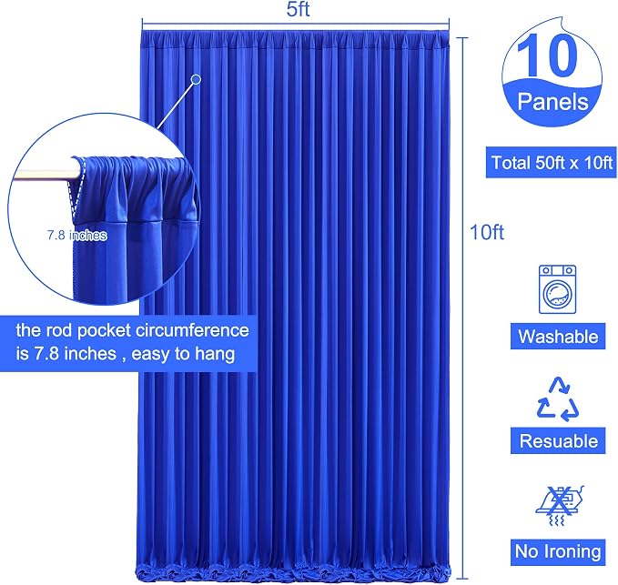 10 Panels Royal Blue Backdrop Curtain for Wedding Parties Wrinkle Free Blue Photo Curtains Backdrop Drapes Fabric Decoration for Birthday Party Baby Shower 50ft(W) x 10ft(H) - Image 5