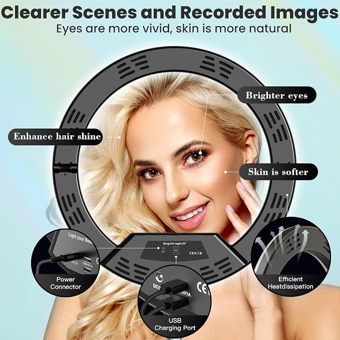 MACTREM 22" Foldable Ring Light with Stand for iPhone ipad, 75" Tripod with Wheels 50W 6500K LED Display/2 USB Ports Large Ringlight Rolling, Tattoo Barber Makeup Studio Video Photography Lighting - Image 8