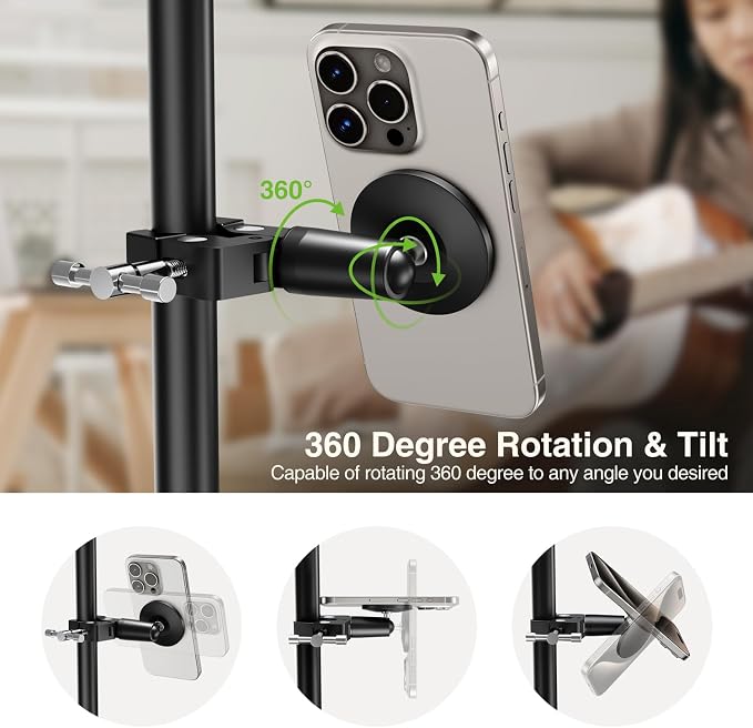 elitehood Magnetic Phone Clamp Mount, Universal Magsafe iPhone Holder Clip | Strong Magnetic, 360 Adjustable, Aluminum Clip On Phone Holder for Mic Stand/Golf Cart/Treadmill/Stroller Fit iPhone 17-12 - Image 3