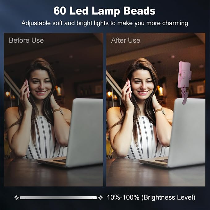 Selfie Light, Phone Light with Front & Back Clip, 60 LED Portable Light with 3 Modes, 5000mAh Rechargeable Video Light for Phone, iPhone, IPad, Laptop, TikTok, Makeup, Lighting Monolights(Pink) - Image 6