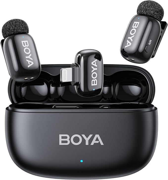 BOYA mini 2 Microphone for iPhone 5-14 with MFi Certified Lightning Plug | Lapel Microphone Wireless with AI Noise Cancellation, App Control, 30H Battery Life with Charging Case for Recording Vlogging by BOYA