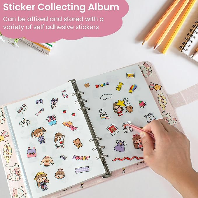 Reusable Sticker Book Collecting,A5 Binder Album Storage Organizer with Blank Release Paper and Pocket for Adult Kids,Cartoon Leather Binder Cover & Magnetic Buckle Closure(Pink) - Image 4