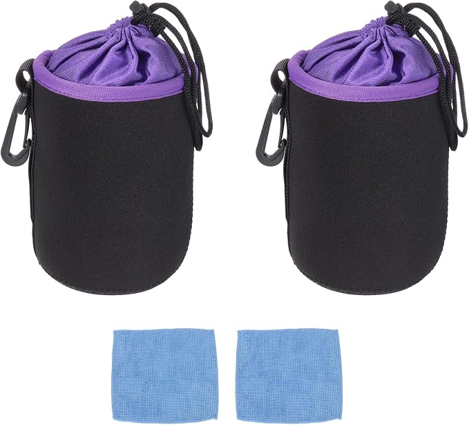 PATIKIL 2 Pcs Camera Lens Pouch, 4" ID x 6" H Drawstring Orange Interior Lens Pouch Protective Camera Lens Case Bag Soft Plush Neoprene Bag for DSLR Photography Gear, Black/Purple by PATIKIL