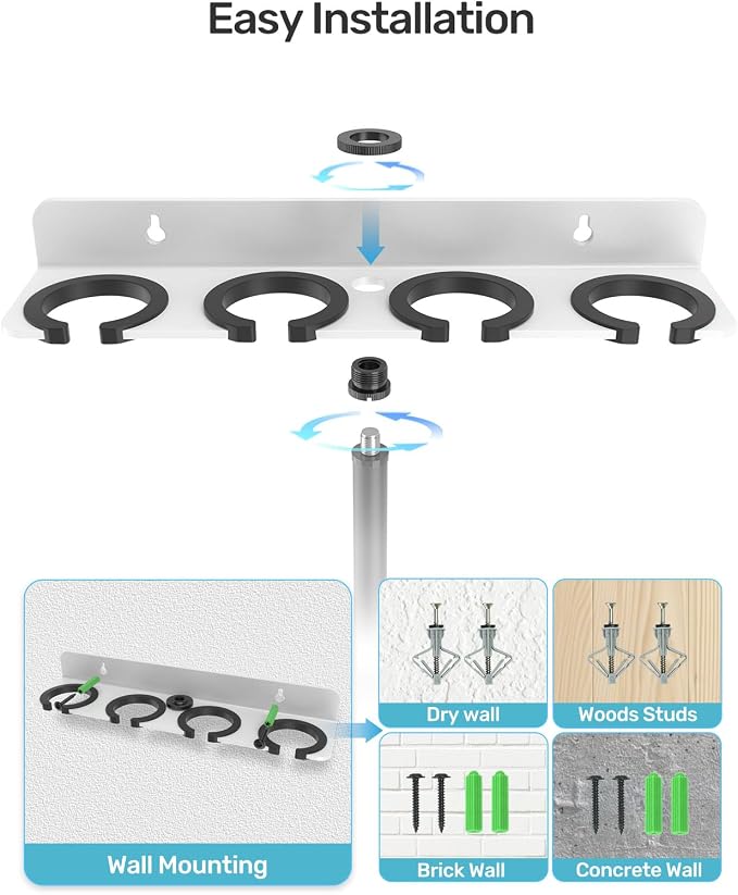 Multi Mic Holder, Wall Mount for 4 Handheld Wired/Wireless Mics, White | Compatible with 5/8-27 & 3/8-16 Thread Stand, Rubber Pad Protection, Easy Access for Church/Stage/Podcast, Sturdy Metal Build - Image 4