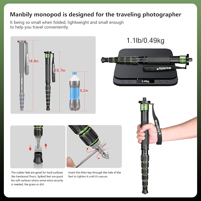 Camera Monopod Aluminum Portable Compact Lightweight Travel Monopod with Carrying Bag Walking Stick Handle,for DSLR Canon Nikon Sony Video Camcorder (Aluminum, Green&Black) - Image 3