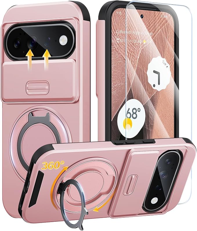 JAME for Google Pixel 10 Pro XL/11 Pro XL Case, Stand & Slide Camera Cover | Ring Holder Kickstand, Screen Protectors, Dual-Layer Shockproof Protective, Magnetic Accessory Friendly Phone Case, Pink by JAME