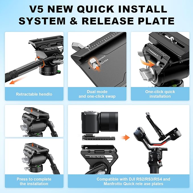 M1V5 Camera Monopod, One-Click Lifting Monopod with Feet, 67'' Lightweight monopod with V5 Fluid Head for Camera, DSLR, Camcorder (M1V5) - Image 5