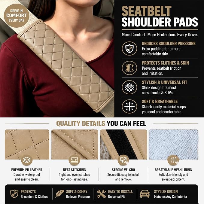 Beige PU Leather Seat Belt Covers - 2Pcs, Diamond Stitched Seat Belt Pads, Universal Fit for Car Truck SUV - Image 3