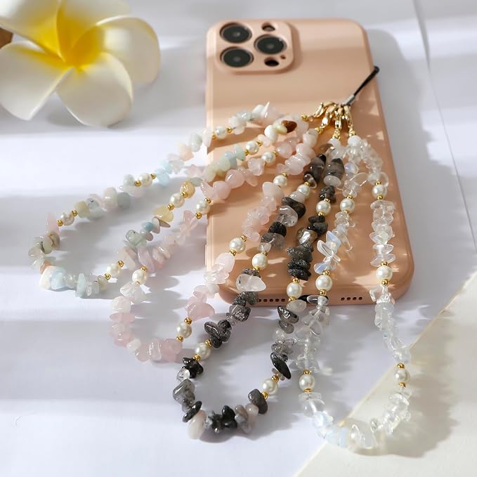 Natural Gemstone Phone Charms Wrist Strap - Cell Phone Lanyard Beaded Strap for Women Girls (Pink) - Image 6