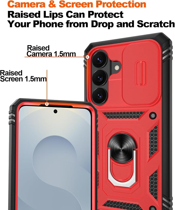 Gritup for Samsung Galaxy S26 Plus Case: 2*Screen Protector | Slide Camera Cover | Build in 360° Rotating Ring Kickstand | Military Grade Protective Cover for Samsung S 26 Plus, Red+Black - Image 5