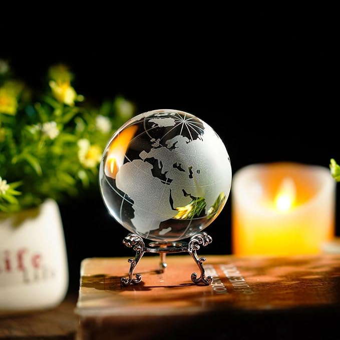 3.15in Crystal Earth Globe with Stand Glass World Globe Paperweight | Premium K9 crystal Includes metal stand Ready for desk office bookshelf and home display - Image 7