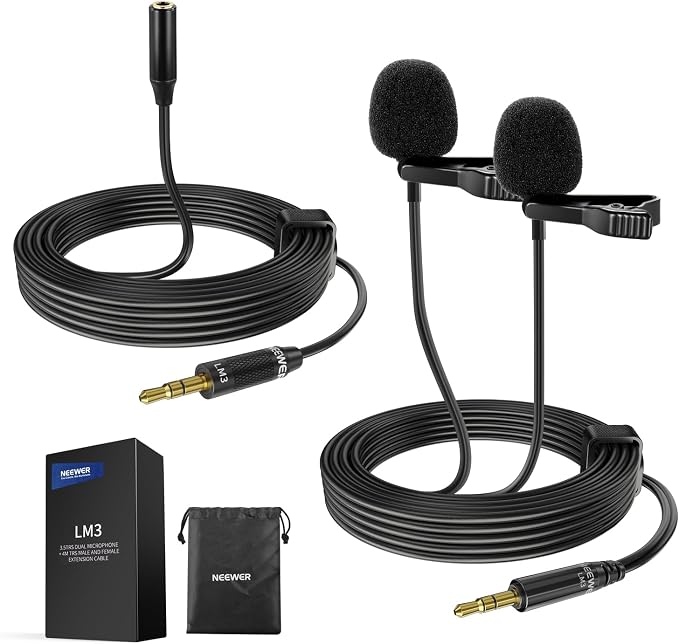 NEEWER 2m Wired Dual Lavalier Microphones with 4m Extension Cable, Mini Clip On Omnidirectional Condenser Lapel Lav Mic 3.5mm TRS for DSLR Mirrorless Camera Camcorder Interview Vlog, LM3 by Neewer