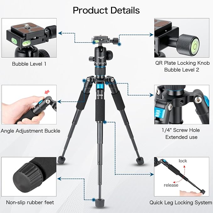 Koolehaoda Mini Tabletop Tripod with 360° Ball Head - 20" Aluminum, Blue | Portable Desktop Tripod Stand for DSLR Camera, Video Camcorder, Phone Lightweight Travel Photography Load up to 11lbs - Image 2