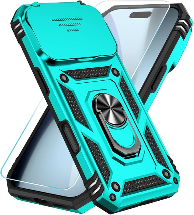 SunStory Phone Case for iPhone 17 Pro Case with HD Screen Protector & Slide Camera Cover & Rotated Ring Kickstand, [Military-Grade] Phone Case for iPhone 17 Pro, Teal by SunStory