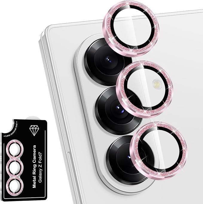 for Samsung Galaxy Z Fold 7 Camera Lens Protector, Individual Metal Ring Tempered Glass Lens Cover, [Strong Adsorption] Scratch Resistant Ultra-Thin HD Clear Lens Cover, 1 Set-Pink Sparkly by Btscase