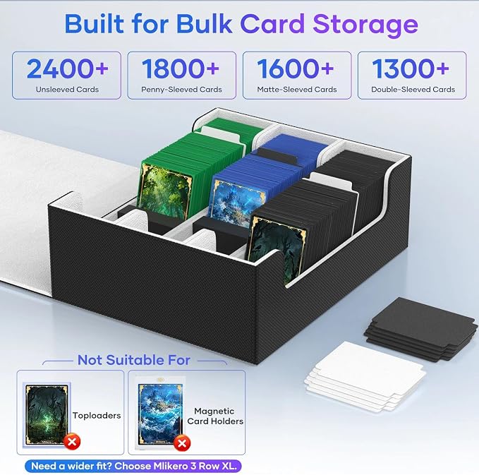 Mlikero Trading Card Storage Box, Bulk Card Storage for 1800+ Sleeved Cards, PU Leather Magnetic Closure Card Organizer with 10 Dividers & 3 Foam Stoppers, Fit for MTG, TCG and Sports Cards - Image 3