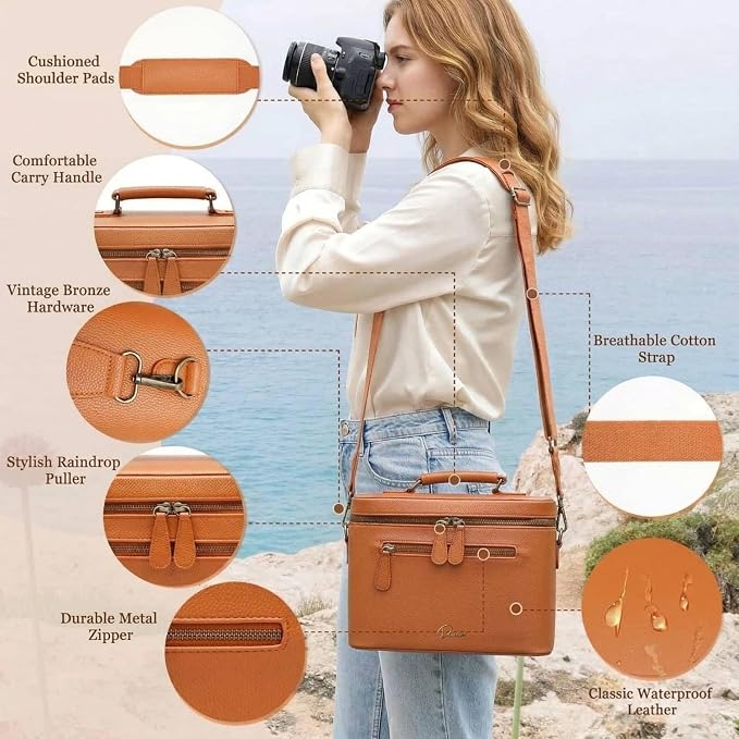 Camera Sling Bag, Waterproof PU Leather Crossbody Camera Case for Photographers, Small Shoulder Bag Compatible for Canon Nikon Sony (Brown) - Image 5