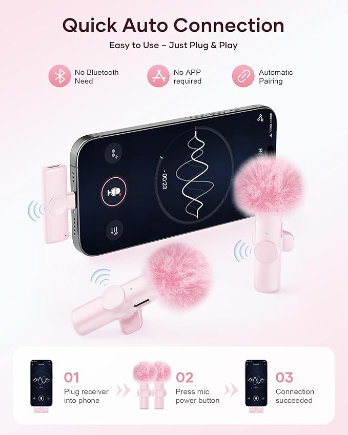 Wireless Microphone for iPhone iPad and Android Phone, 2 Pack Wireless Lavalier Lapel Mic with Noise Reduction, Plug and Play Mini Microphone for Video Recording Interview YouTube TikTok Vlog (Pink) - Image 2