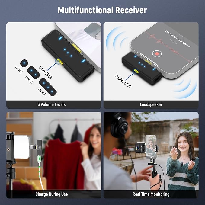 NEEWER KM15 Wireless Lavalier Microphone System Compatible with iPhone Android Phone PC Computer, Mini USB C Noise Cancelling Lapel Mic, 300m Range 48KHz/24Bit 9H Battery for Video Recording Streaming - Image 8