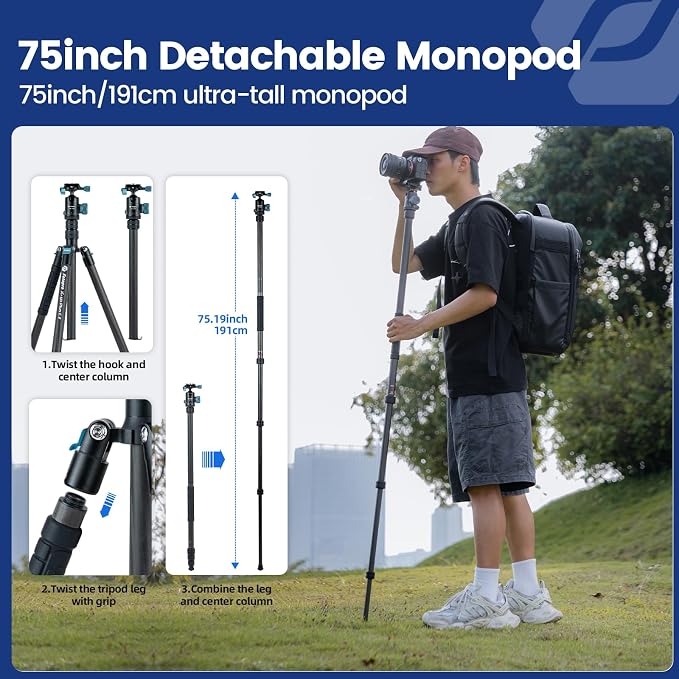 Fotopro 73"/185cm Carbon Fiber Travel Tripod for Camera, 360° Panorama Ball Head, Arca Quick Release Plate and Bag, Detachable Monopod for DSLR Camera Camcorder, Load up to 22lbs/10kg. X-Go Plus Blue - Image 4