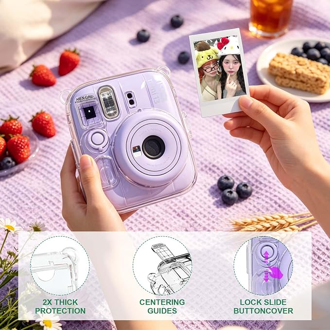 Clear Camera Case for Fujifilm Instax Mini 13, Purple Camera Strap | Protective Cover with Anti-Accidental Shutter, 4 Composition Cards, Photo Storage Holds 10 Films,Clear Hard Shell, No Camera - Image 2