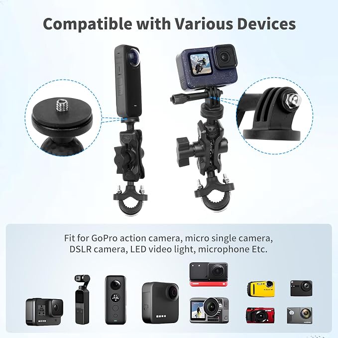 Bike Motorcycle Camera Mount Bundle Kit, 1/4 Screw & Tripod Mount Adapter, 360°Rotating Ball Head Base -Ballhead Arm Bracket Clamp for lnsta360/G0pro, Handlebar Stype(0.59"-1.38") 75013 - Image 6