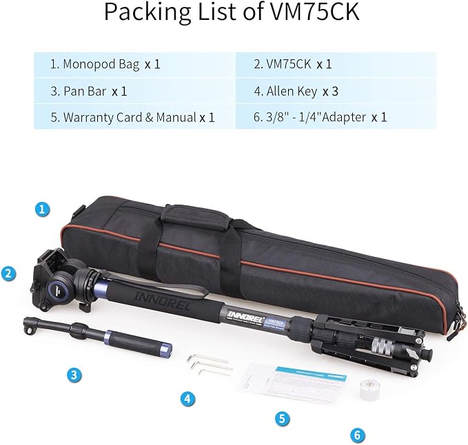Carbon Fiber Video Monopod-INNOREL VM75CK Professional Hydraulic Fluid Head Monopod Removable Multifunctional Travel Tripod Stand for Gopro DSLR Camera Telescopic Camcorders, Max Load 13 pounds/6 kg - Image 9