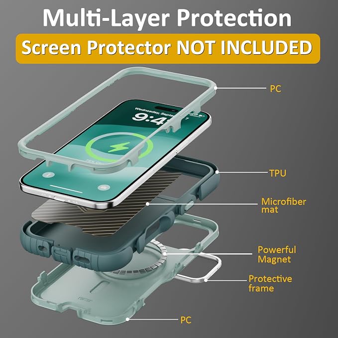 Follaroma Magnetic for iPhone 17 Case with Camera Cover Stand, Green, 6.3" | Built-in Glass Camera Cover Stand,Compatible with MagSafe,Heavy Duty Shockproof Protective,Military-Grade Anti-DropDual Case - Image 6